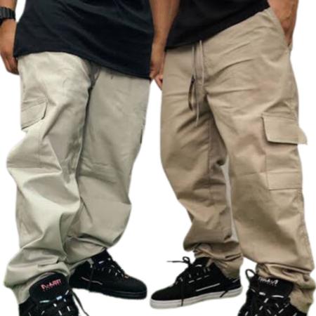 Imagem de 2 Calça Cargo Unissex Masculina Feminina  Larga Preta Bege Cáqui Sarja Moda Skate