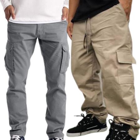 Imagem de 2 Calça Cargo Unissex Masculina Feminina  Larga Preta Bege Cáqui Sarja Moda Skate