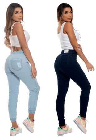 Imagem de 2 Calças Jeans Skinny SocialFeminina Cintura Alta Corte Empina Bum Bum e Jogger Rasgada Moderna