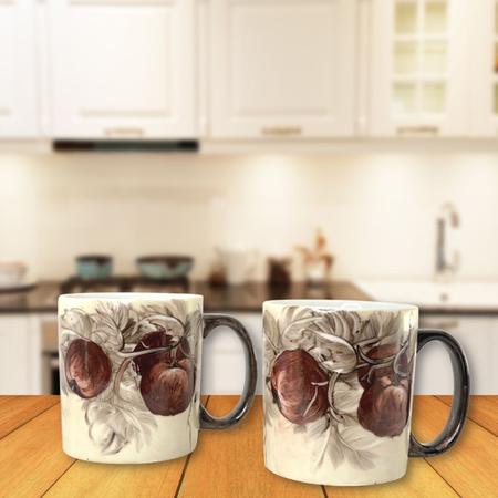 Imagem de 2 Canecas de Porcelana Reta 300 ml Chocolate Café Chá Pintadas à Mão MAÇAS VERMELHAS/CARAMELO