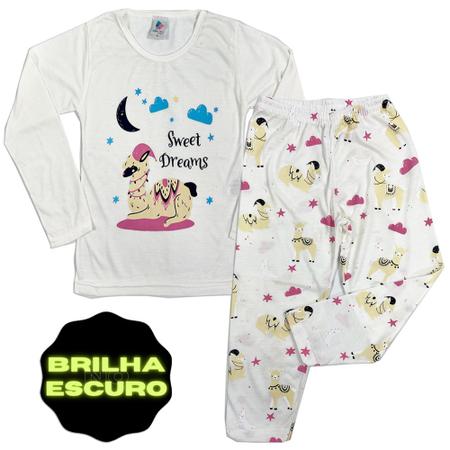 Imagem de 2 Conjuntos de Pijamas Femininos Inverno Frio Infantil Juvenil c/ Estampas Luminosa Q/ Brilham