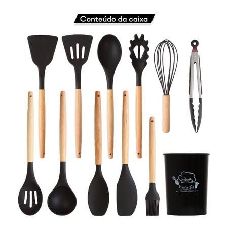 Imagem de 2 Kit Talheres Silicone Cabo De Madeira Resistente Cor Preto