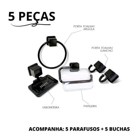 Imagem de 2 Kits Com 5 Peças Preto Com Acessórios Para Banheiro Porta Toalha Saboneteira e Papeleira