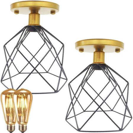 2 Lustre Teto Plafon + 2 Lâmpada Led St64 Industrial Aramado Cálice Retrô Luminária Vintage - Agp Ilumini/Gmh Tr Imagem de 2 Lustre Teto Plafon + 2 Lâmpada Led St64 Industrial Aramado Cálice Retrô Luminária Vintage