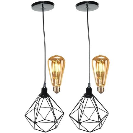 Imagem de 2 Pendentes Aramado Diamante Luminária Lustre Retrô Balcão + 2 Lâmpadas Led ST64 Vintage Teto