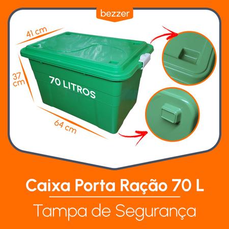 Imagem de 2 Porta Ração e Isca até 60kg Pote Caixa Container Organizadora 70 L Até 4 Sacos de 15 Kg Reforçada Trava Segurança