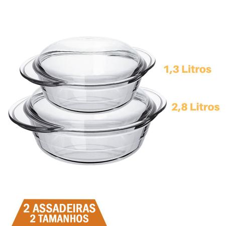 Imagem de 2 Travessa Terrina 1,3L e 2,8L Base+Tampa Vidro Refratário