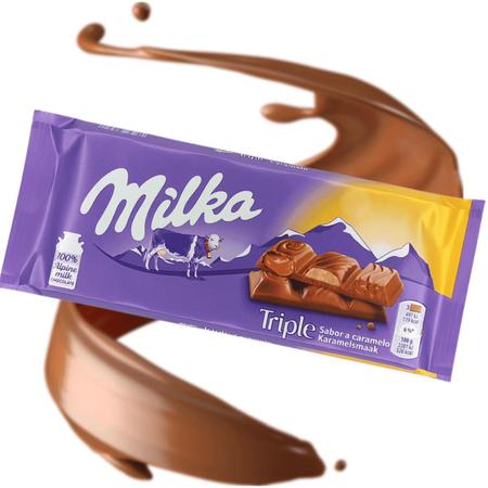 Imagem de 3 barras de chocolate milka de caramelo tripla textura 100g