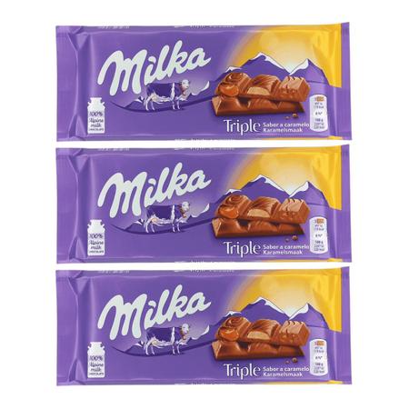 Imagem de 3 barras de chocolate milka de caramelo tripla textura 100g