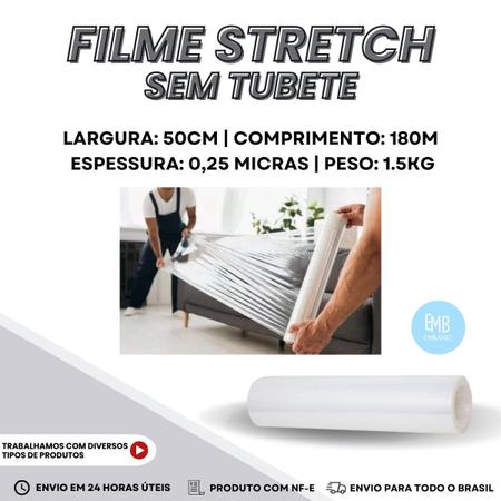 Imagem de 3 Bobinas Filme Plástico Stretch 500x0.25 180 Metros Virgem