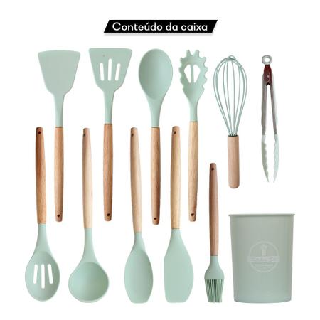 Imagem de 3 Conjunto Utensílios Silicone Cabo de Madeira Porta Talher