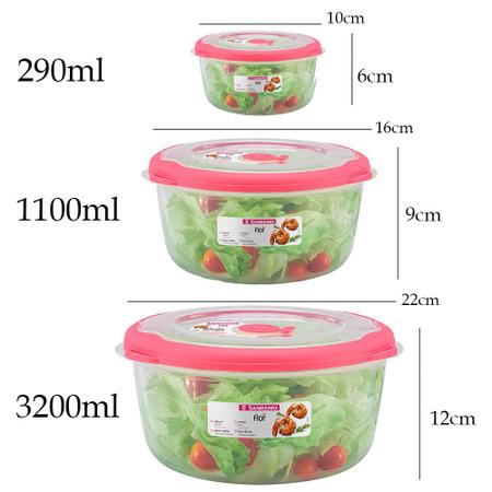 Imagem de 3 potes com tampa de alimentos salada frutas marmita vasilha freezer microondas sanremo flor
