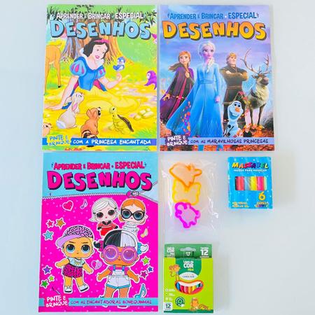 3 Revistas Princesas Disney Colorir Brincar + Lápis Massinha