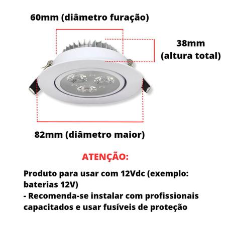 Imagem de 3 X Spot Led De Embutir Teto 3W 12V Branco Frio Camping