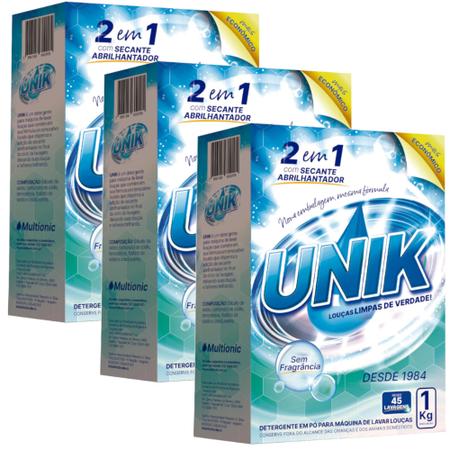Imagem de 3x Sabão em Pó Para Maquina de Lavar Louça Unik 1kg Detergente com Secante e Abrilhantador