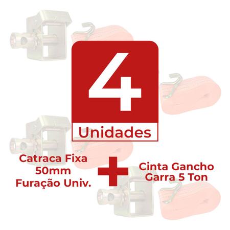 Imagem de 4 Catraca Fixa 50mm Sider 5 Toneladas Cinta 9mt Gancho Garra