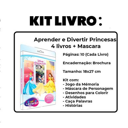 4 Livros de Colorir + Jogo da Memória + Máscara da Princesa Disney 4 em 1  Pintar Desenhos Infantil Meninas