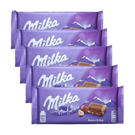 Imagem de 5 barras de chocolate milka com amendoim e uva passa 100g