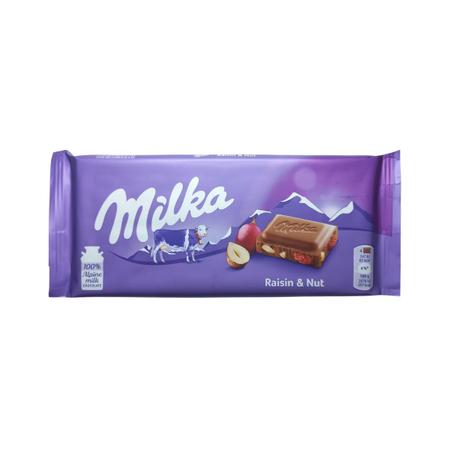 Imagem de 5 barras de chocolate milka com amendoim e uva passa 100g