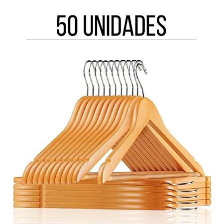 Imagem de 50 Cabides De Madeira Adulto 1ª Linha Verniz Atacado Roupa