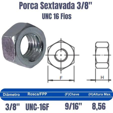 Imagem de 50 Porca Sextavada Ferro Zincada  3/8 X 16F Rosca Grossa UNC