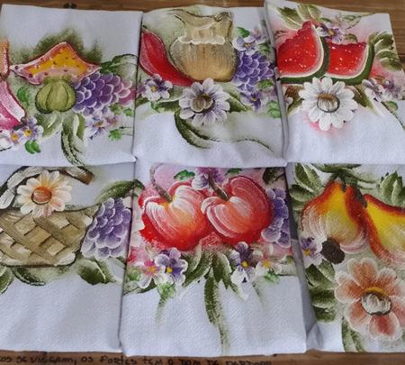 Imagem de 7 Panos de prato pintado a mão com bordado Inglês Coloridos