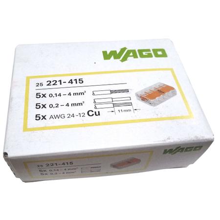 Imagem de 75un Conector Wago 221-415 5 vias 32A/450V Emenda Original Caixa Fechada e Lacrada