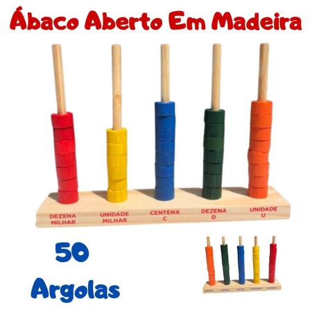 Imagem de Ábaco Aberto Com 5 Hastes E 50 Argolas Coloridas Em Madeira