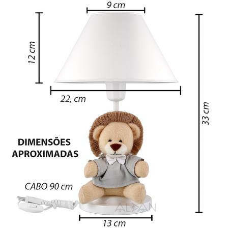 Imagem de Abajur Infantil Luminaria Quarto Bebe Safari Leão Leãozinho Cinza C. Branca