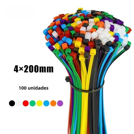 Imagem de Abraçadeiras De Nylon Com Travamento Automático Multicolorido 4x200mm 3x200mm 100 Unidades Saco