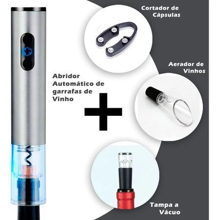 Imagem de Abridor Automático De Vinho Rolha Aço Inox + Decantador Aerador Tipo Torre Com 4 Peças