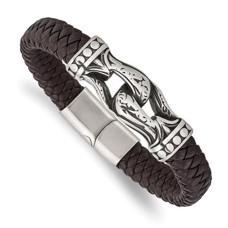 Aço Inoxidável Antigo e Polido Couro Faux Marrom Escuro - Chisel Imagem de Aço Inoxidável Antigo e Polido Couro Faux Marrom Escuro