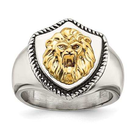 Aço Inoxidável c/14k Accent Antiqued & Polished Lion on Shi - Chisel Imagem de Aço Inoxidável c/14k Accent Antiqued & Polished Lion on Shi