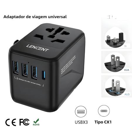 Imagem de Adaptador de Viagem Universal com 3 USB e 1 Type-C PD - Carregamento para UE, Reino Unido, EUA e Austrália