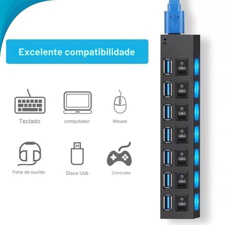 Adaptador Usb 7 Portas Preto Com Led - Zonne Imagem de Adaptador Usb 7 Portas Preto Com Led
