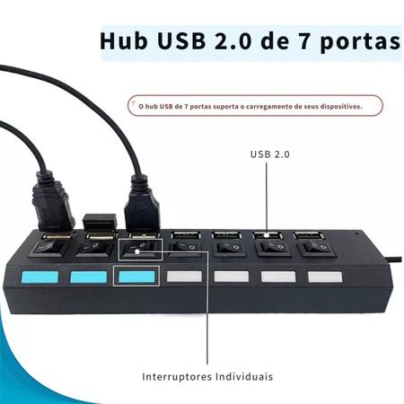 Adaptador Usb 7 Portas Preto Com Led - Zonne Imagem de Adaptador Usb 7 Portas Preto Com Led