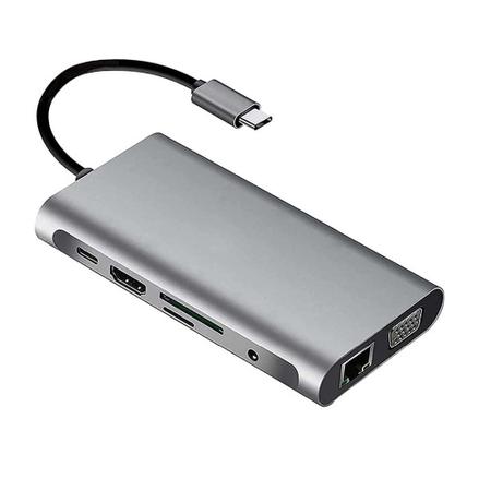 Imagem de Adaptador USB C 3.0 10 em 1 com 4K HDMI, VGA, Tipo C PD, USB3.0, Ethernet RJ45, Leitor de cartão