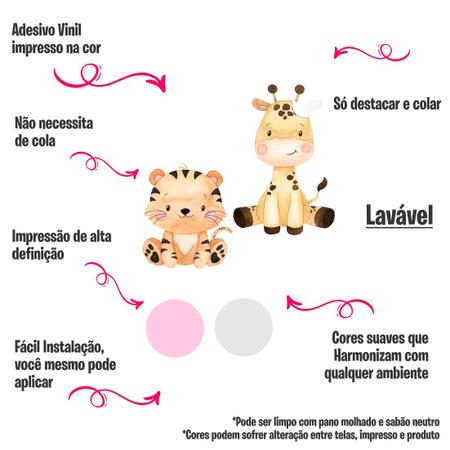 Imagem de Adesivo Parede Bichinhos Infantil Safari Quarto Bebê Cor Rosa Pastel Fácil Aplicação