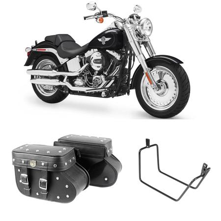 Imagem de Alforge Mala Bolsa Lateral Botinha Cravo 36 Litros Par + Afastador Suporte Moto Harley Davidson Fat Boy