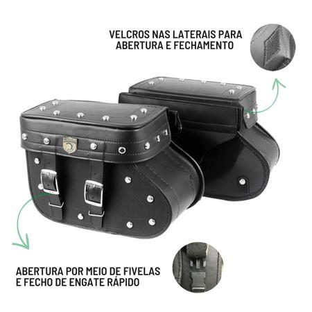 Imagem de Alforge Mala Bolsa Lateral Botinha Cravos 36 Litros Par + Afastador Suporte Moto Dafra Horizon 250