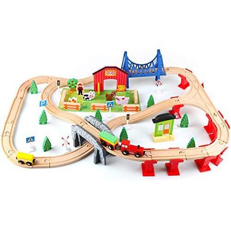 Alhos 82Pcs trilhos de trem de madeira conjuntos de brinquedos de trem  conjunto para meninos e meninas de 3 anos de idade, incluindo o conjunto de  madeira do trem, as crianças amigas