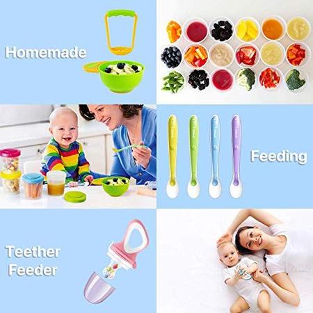 Imagem de Alimentador de alimentos Baby Fresh Fruit Feeder (2 Pack) com 3 pacifiers de silicone de tamanho diferente, mash e serve tigela com 4 colheres de silicone de ponta macia, perfect baby first stage feeding set by MICHEF