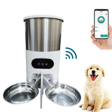Imagem de Alimentador de Ração Automático Duplo Wifi C/ Voz Cachorro Pet Gato Cão Comedouro Temporizador Programável 2 Tigelas
