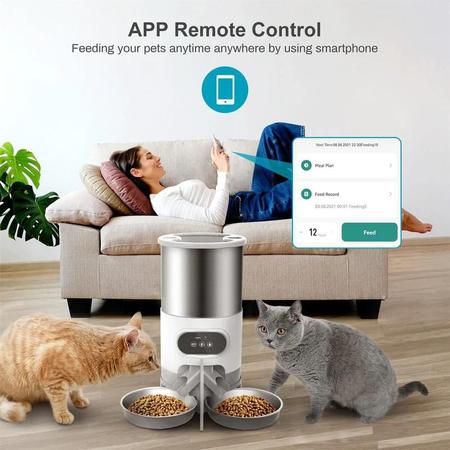 Imagem de Alimentador de Ração Automático Duplo Wifi C/ Voz Cachorro Pet Gato Cão Comedouro Temporizador Programável 2 Tigelas