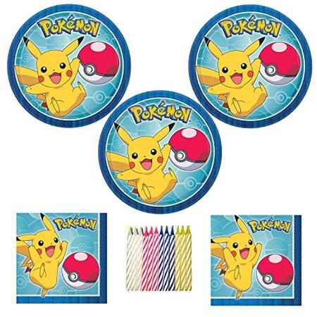 Pacote de artigos de festa Pokémon serve 16: pratos de 17,78 cm e  guardanapos de bebidas com velas de aniversário (Pacote para 16)