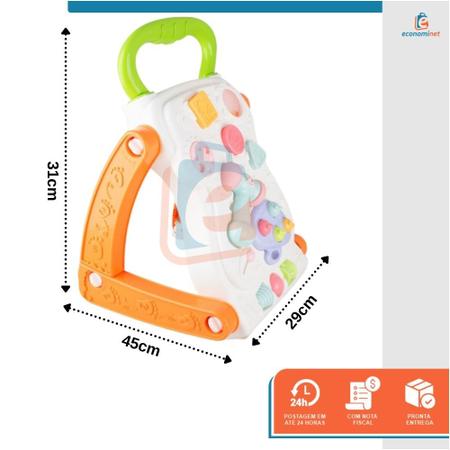 Imagem de Andador de Bebê Didático Empurrar Infantil 2 em 1 Vira Mesinha Interativo Atividades Brinquedo com Luz e Som Laranja
