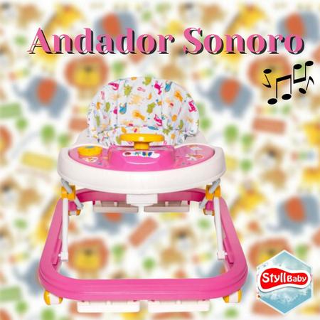 Imagem de Andador Para Bebê Infantil Musical Rosa Menina Sonoro Suporta Até 13kg Bichinhos Styll Baby