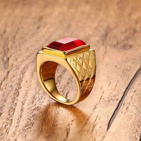 Imagem de Anel Masculino Homem Banhado Ouro 18k Pedra Vermelha Granada