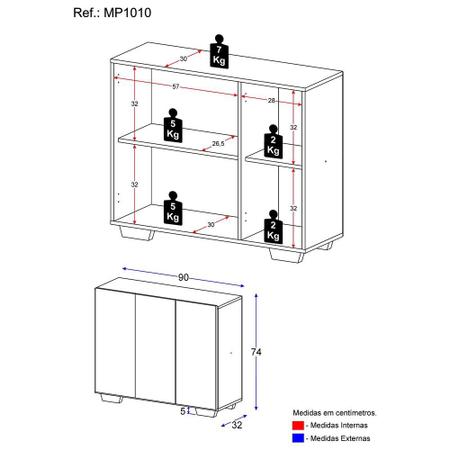 Imagem de Aparador Buffet 3 Portas com Pés Quadrados Veneza Multimóveis MP1010 Branco