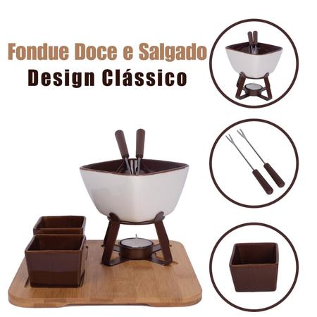 Imagem de Aparelho Conjunto Para Fondue Ceramica Kit Panela 8 Peças Com Base Bambu